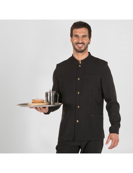 CHAQUETA HOMBRE MAO NEGRA BOTON DORADO