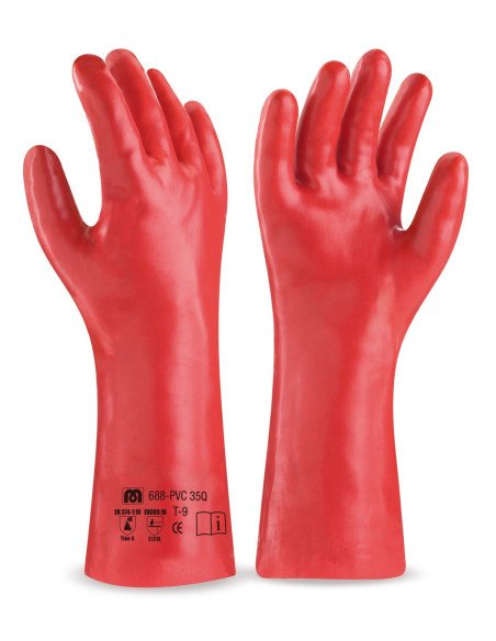 688PVC35QR Guante largo de PVC estanco de 35 cm en  rojo para riesgos mecánicos, químicos y microorganismos
