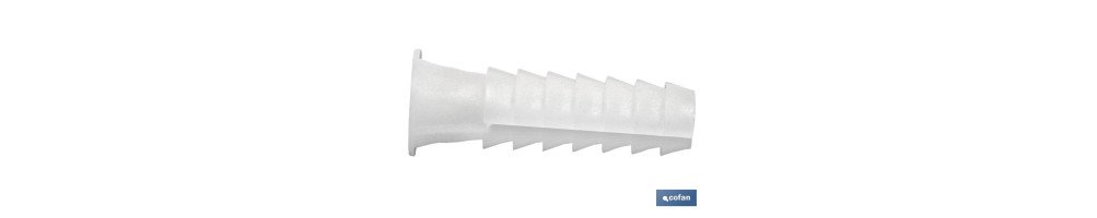 Taco de LDPE blanco estriado | En bolsitas de 100 unidades | Ideal para huecos y macizos | Medidas desde Ø 5 hasta 12 mm