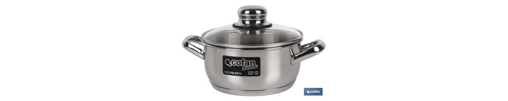 Cacerola de Acero Inoxidable Modelo polenta con tapa de vidrio y pomo inoxidable | Acabado brillante Resistente al oxido