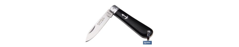 Navaja marinera | Medida de 8 cm de hoja | Punta de espada | Hoja de Acero Inox | Mango de Polioximetileno | Color Negro