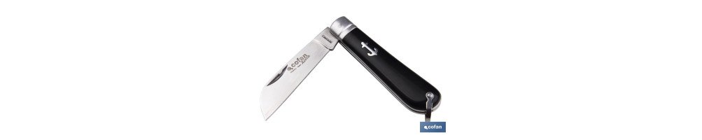 Navaja marinera | Medida de 8 cm de hoja | Pico de Loro | Hoja de Acero Inox | Mango de Polioximetileno | Color Negro