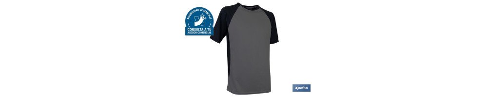 Camiseta transpirable | Composición 100% Poliéster | Color Gris-Negra | Gramaje 160 g/m2 | Tallas desde la S a la XXXL