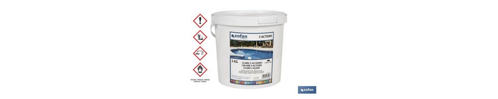 Cloro 5 Acciones para piscinas | Tabletas de 200 gramos | Envases de 5 kilos