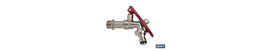 Grifo con maneta y toma para candado | Entrada de 1/2 y salida de 3/4 | Adecuado para manguera | PN: 25 bar