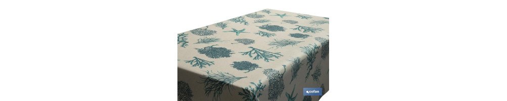 Rollo de mantel resinado con estampado digital | Diseño con elementos del mar | 50 % algodón y 50 % poliéster | Medidas: 1,40 x