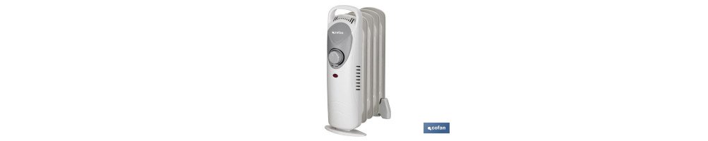 Mini radiador de aceite | Potencia: 450 W | Termostato regulable | Seguridad antiincendios | Color: blanco | Medidas: 26 x 13 x