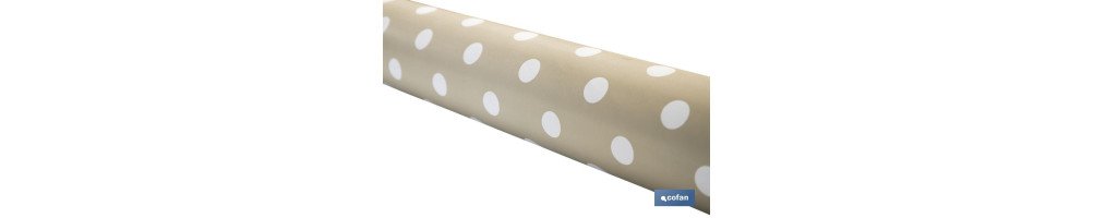 Mantel antimanchas | Color beige con diseño de lunares blancos | Materiales: vinilo y poliéster | Impermeable | Fácil de limpia