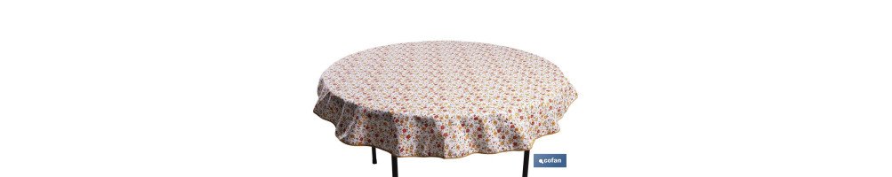 Mantel redondo antimanchas resinado con estampado de florecillas | Materiales: 50% algodón y 50% poliéster | Diámetro: 1,40 m