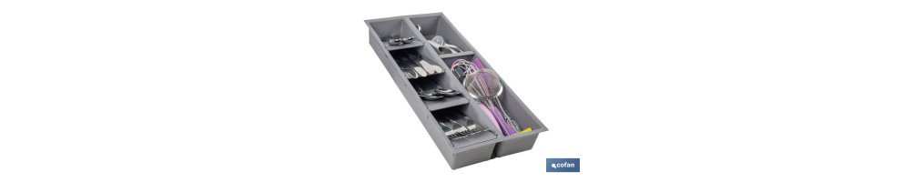 Organizador de cubiertos con separadores para cajón | Cubertero con 7 compartimentos y separadores modulares | Color: gris | Ma