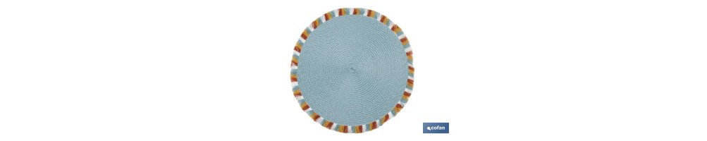 Bajoplatos redondos con flecos de colores | Color: azul | Salvamanteles individuales | Packs de 6 unidades | Diámetro: 38 cm